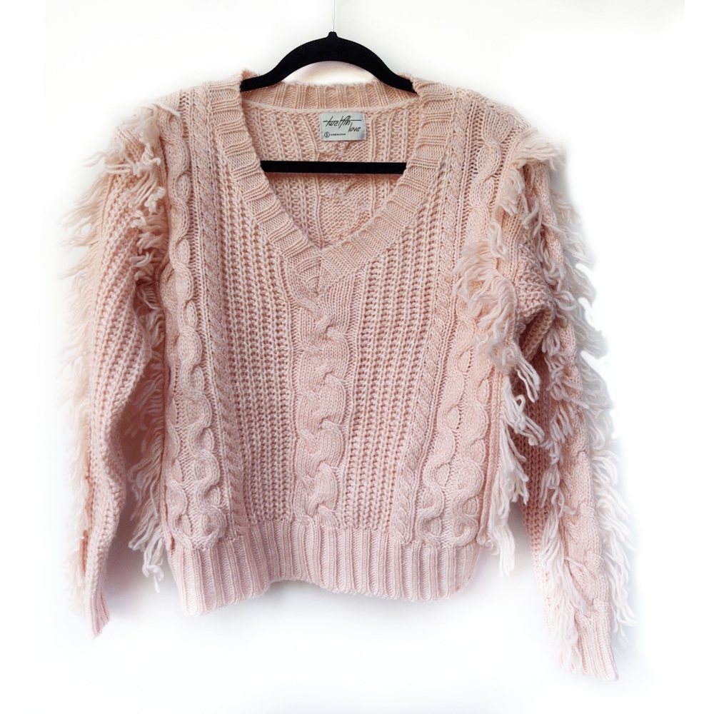 Twelfth Love Pink Cable Knit V-Neck Fringe Long Sleeve Crop Sweater Size Small